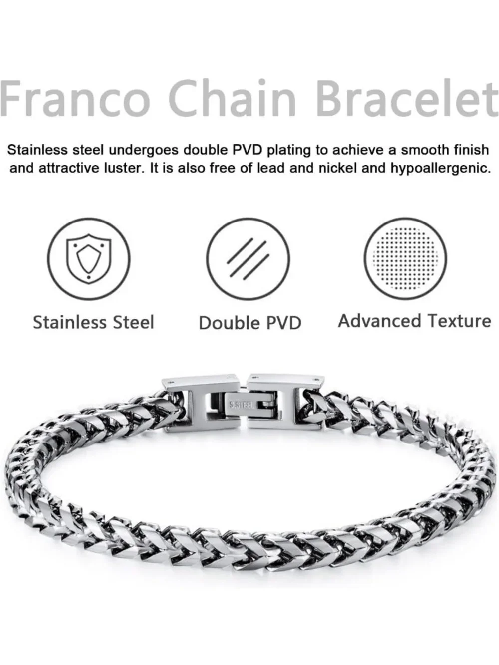 Stylish Men's Stainless Steel Franco Chain Bracelet with Fold Over Clasp